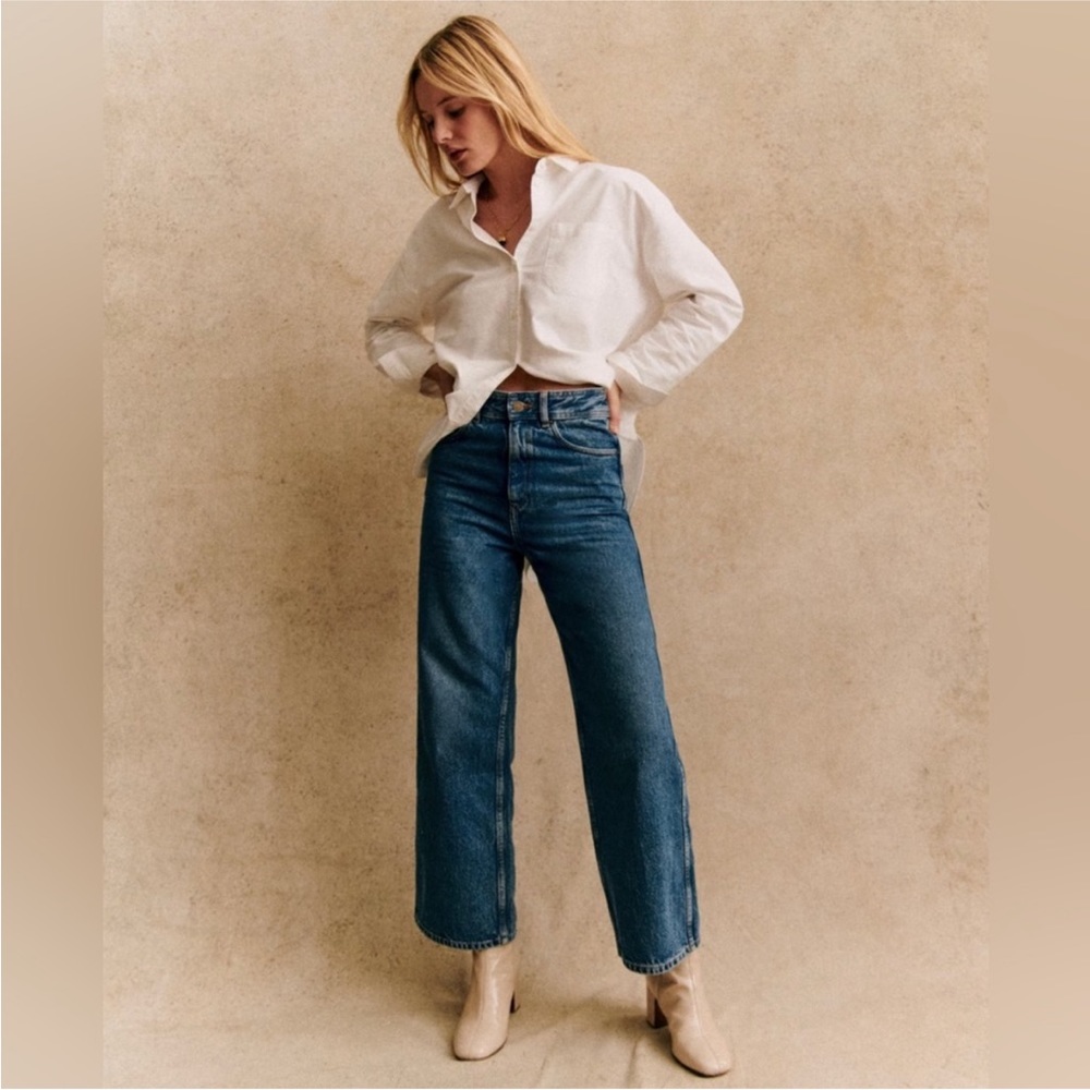 Sezane LeCrop Denim Jeans High Waist Wide Leg 44 / 12 Organic Cotton